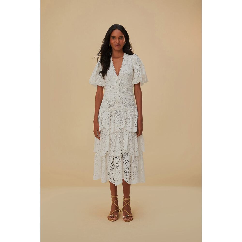 Farm Rio White Cotton Eyelet Puff Sleeve Midi Dress (sz L) 456